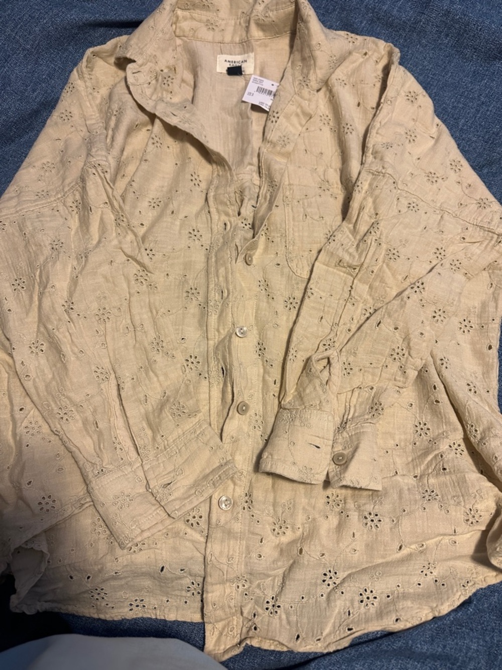 American Eagle Outfitters Cream Eyelet Button-Front Top